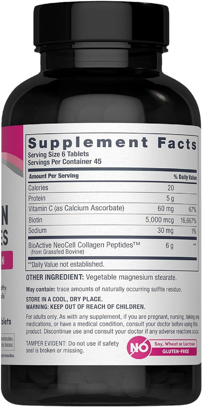 NeoCell Super Collagen Peptides + Vitamin C & Biotin, 3g Collagen Per Serving, Gluten Free, Promotes Healthy Hair, Beautiful Skin, and Nail Support, Dietary Supplement, 270 Tablets Package may vary