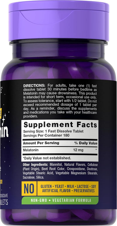 Carlyle Melatonin 12 mg Fast Dissolve 180 Tablets | Nighttime Sleep Aid | Natural Berry Flavor | Vegetarian, Non-GMO, Gluten Free