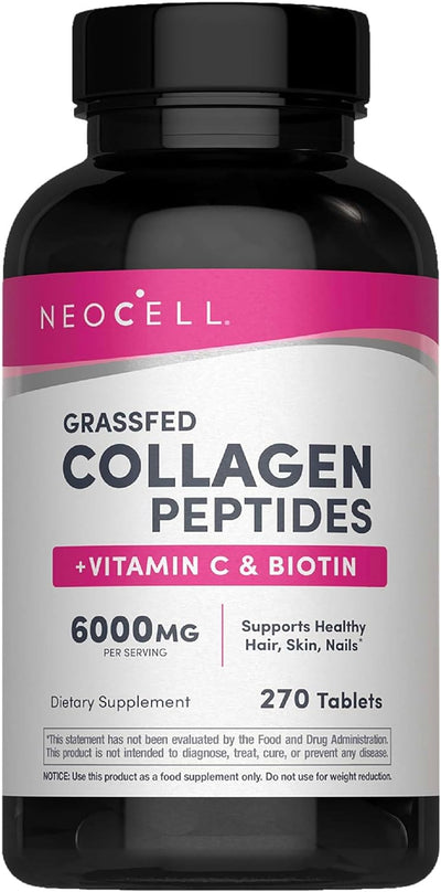 NeoCell Super Collagen Peptides + Vitamin C & Biotin, 3g Collagen Per Serving, Gluten Free, Promotes Healthy Hair, Beautiful Skin, and Nail Support, Dietary Supplement, 270 Tablets Package may vary