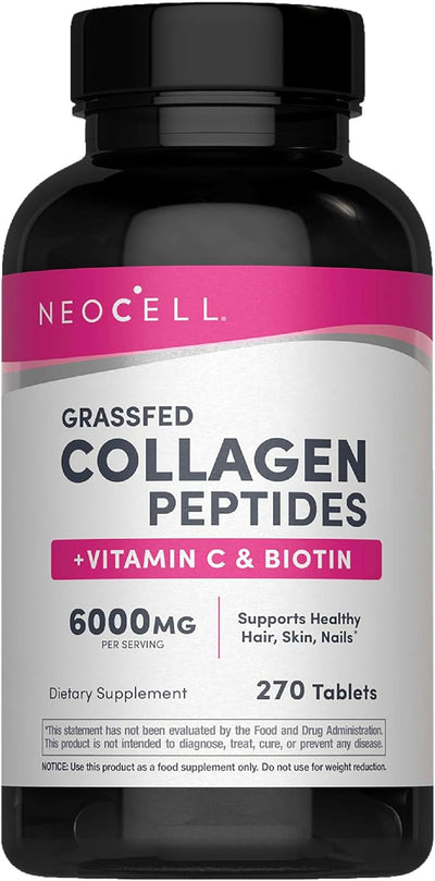 NeoCell Super Collagen Peptides + Vitamin C & Biotin, 3g Collagen Per Serving, Gluten Free, Promotes Healthy Hair, Beautiful Skin, and Nail Support, Dietary Supplement, 270 Tablets Package may vary