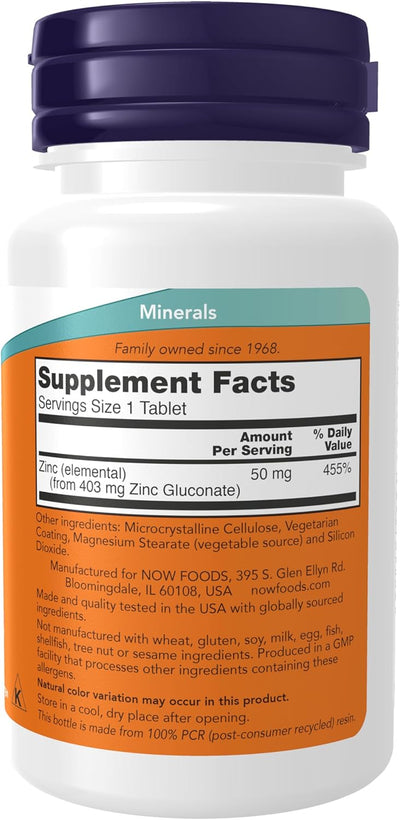 NOW Foods Supplements, Zinc (Zinc Gluconate) 50 mg, Supports Enzyme Functions*, Immune Support*, 100 Tablets