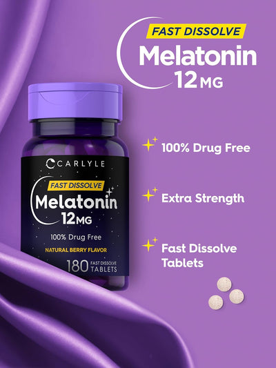 Carlyle Melatonin 12 mg Fast Dissolve 180 Tablets | Nighttime Sleep Aid | Natural Berry Flavor | Vegetarian, Non-GMO, Gluten Free