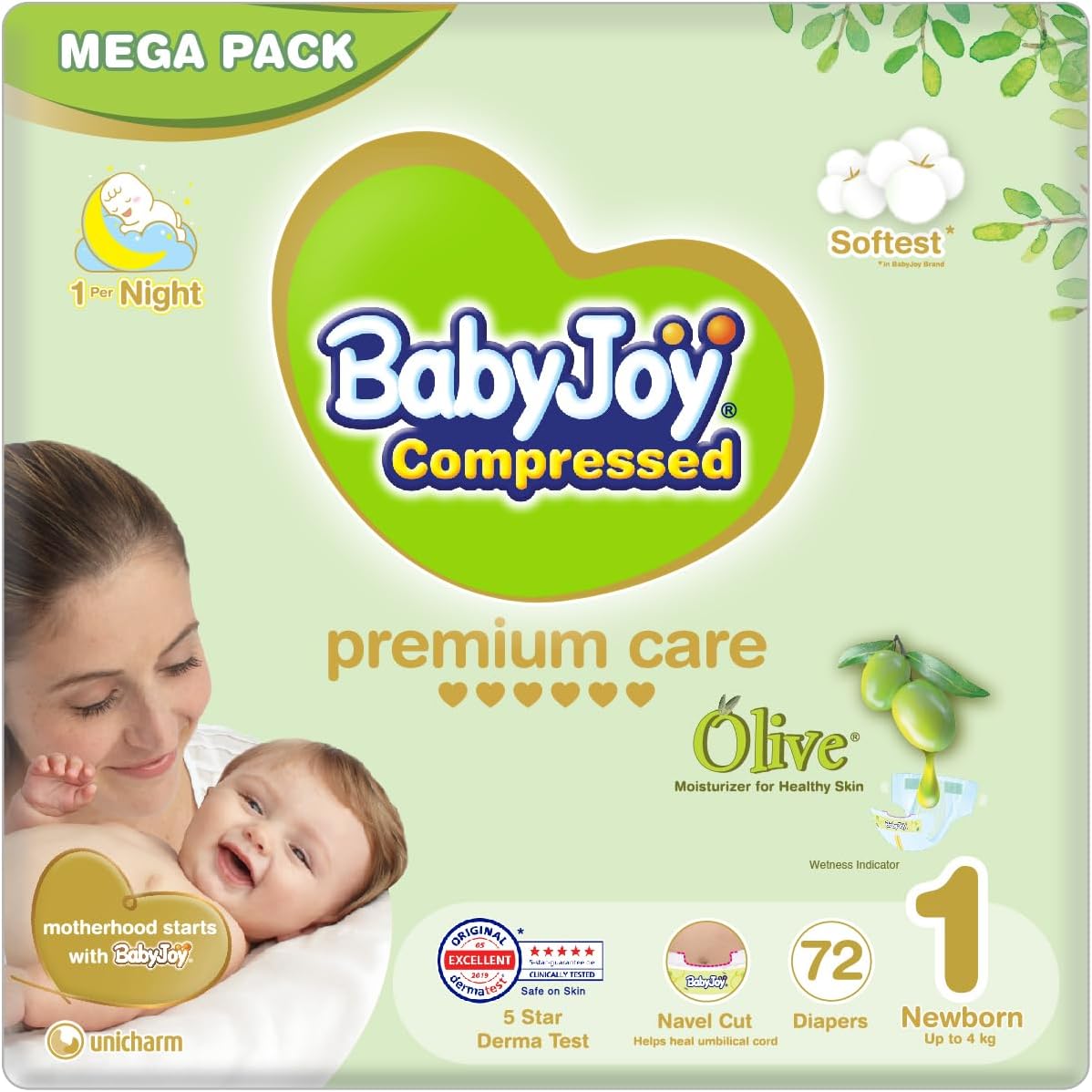 BabyJoy Olive Oil, Size 1, Newborn, 0-4 kg, Mega Pack, 72 Diapers