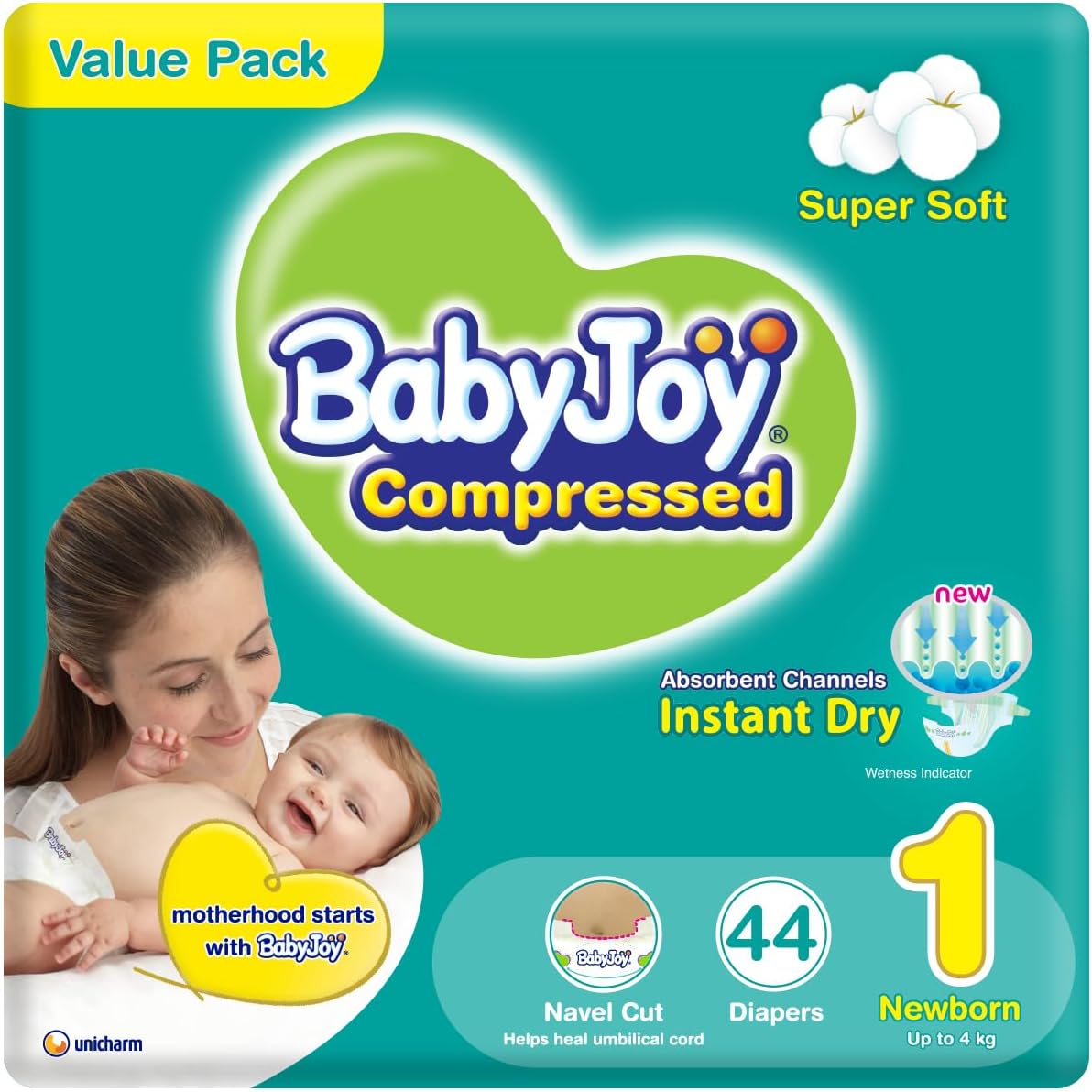 Babyjoy Compressed Diamond Pad, Size 1, Newborn, 0-4 Kg, Value Pack, 44 Diapers