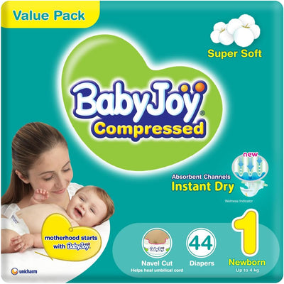 Babyjoy Compressed Diamond Pad, Size 1, Newborn, 0-4 Kg, Value Pack, 44 Diapers