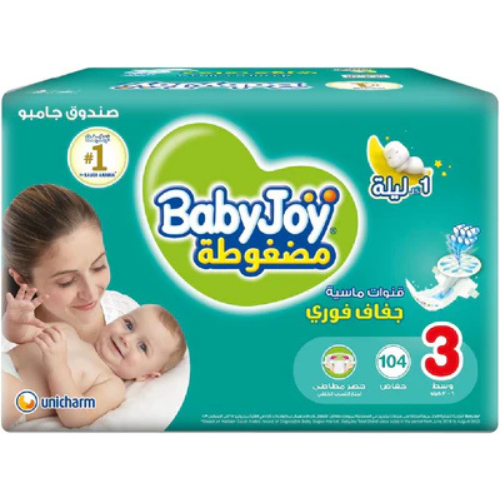 Babyjoy Compressed Diamond Pad, Size 3, Medium, 6-12 Kg, Jumbo Box, 104 Diapers