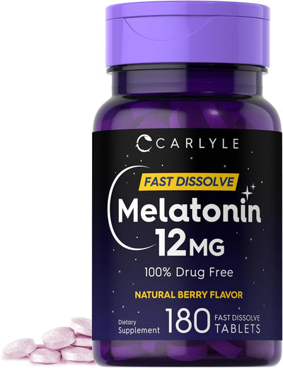 Carlyle Melatonin 12 mg Fast Dissolve 180 Tablets | Nighttime Sleep Aid | Natural Berry Flavor | Vegetarian, Non-GMO, Gluten Free