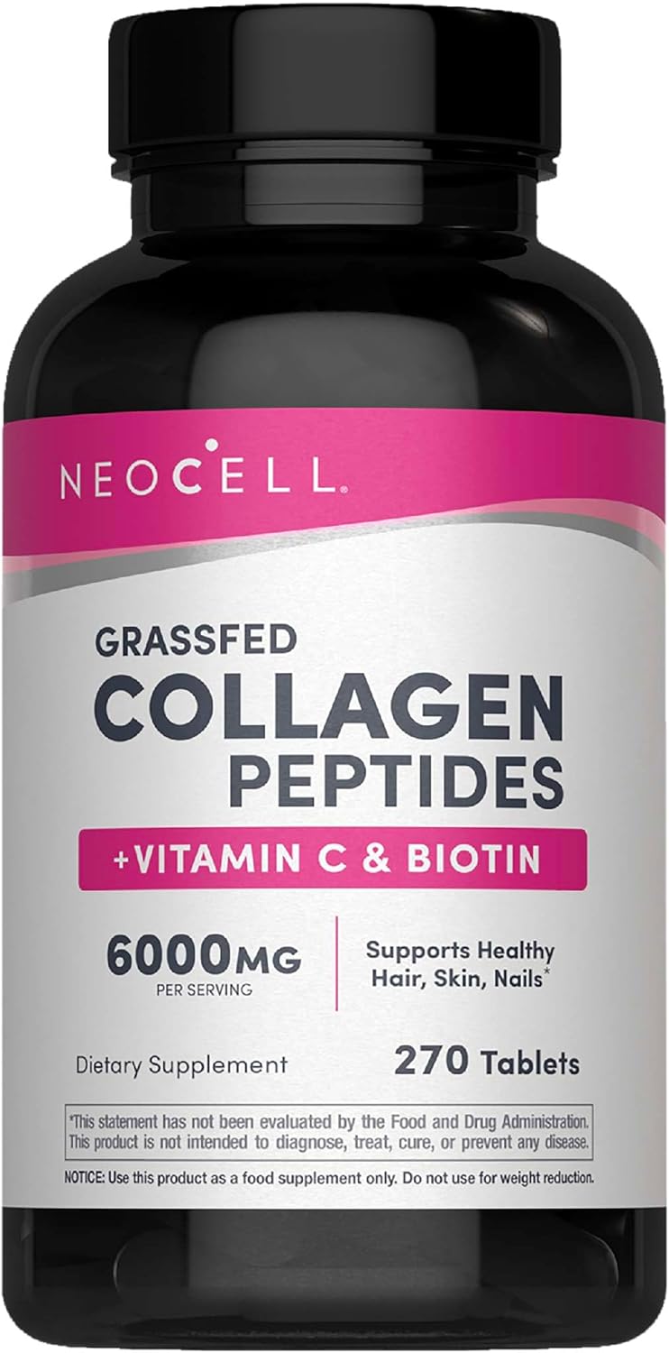 NeoCell Super Collagen Peptides + Vitamin C & Biotin, 3g Collagen Per Serving, Gluten Free, Promotes Healthy Hair, Beautiful Skin, and Nail Support, Dietary Supplement, 270 Tablets Package may vary